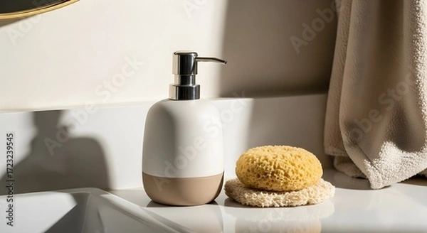 Fototapeta Modern liquid soap dispenser and natural sponges on a bathroom counter, evoking a clean and minimalist self-care routine.
