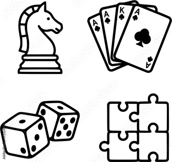 Obraz Board games icon set vector illustration featuring chess cards dice and puzzle pieces for game night
