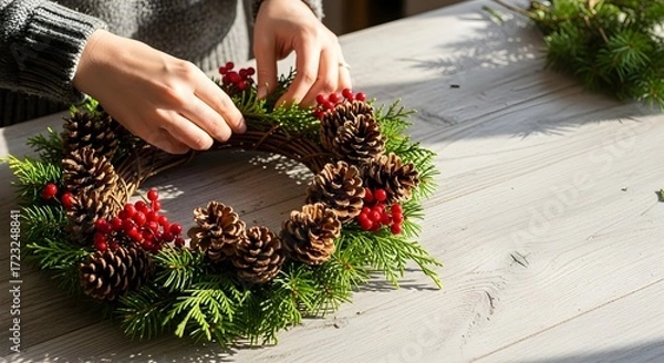 Fototapeta Person crafting a festive Christmas wreath adorned with pinecones and berries on a rustic wooden table, perfect for holiday decor.