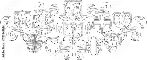 Fototapeta Elegant vintage heraldic crest design with ornate shields and scrolls, perfect for luxury branding and historical projects