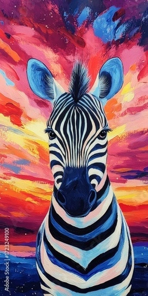 Fototapeta A zebra is painted on a canvas with a sunset in the background. The zebra is the main focus of the painting, and the colors of the sunset create a warm and peaceful mood