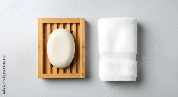 Fototapeta Clean white bath towel and bar soap in a bamboo soap dish on a gray background; simple spa and bathroom hygiene concept.