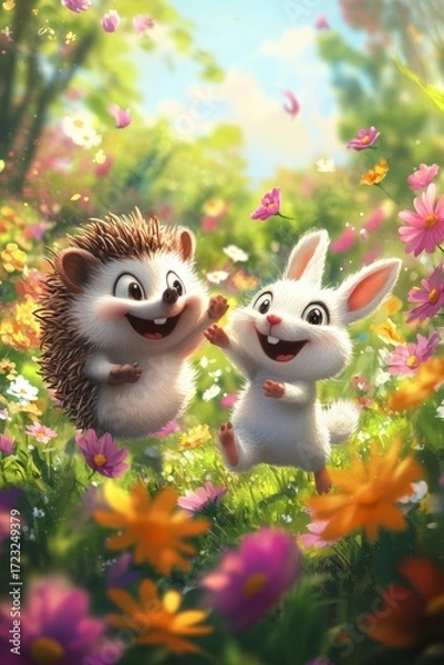 Fototapeta Cartoon of a rabbit and a hedgehog playing in a field of flowers. The rabbit is jumping and the hedgehog is smiling