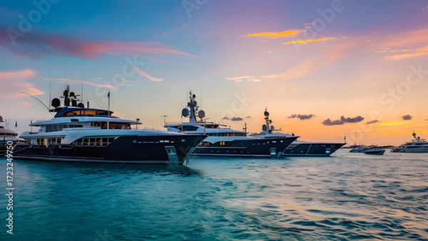 Fototapeta a fleet of luxurious super yachts anchored in a serene.