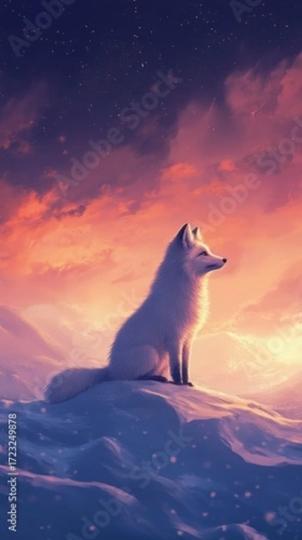Fototapeta A majestic arctic fox sits gracefully on a snowy mountain peak, illuminated by a stunning sunset glow. The scene evokes a sense of peace and wilderness.