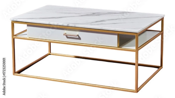 Fototapeta White Marble Coffee Table with Gold Frame, Transparent Background, Modern Minimalist Asset
