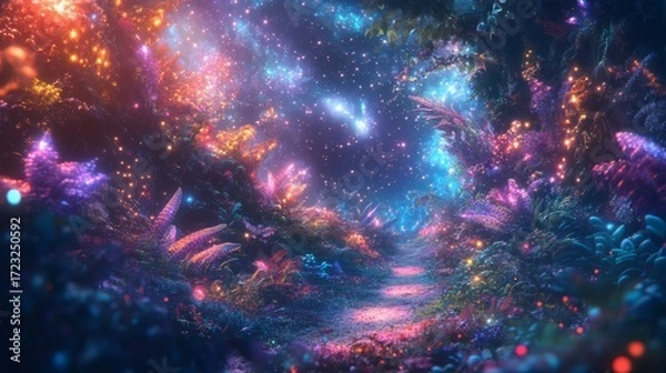 Fototapeta A mesmerizing pathway leads through a vibrant fantasy forest, illuminated by ethereal lights and stars. This enchanting scene evokes wonder and tranquility in nature.