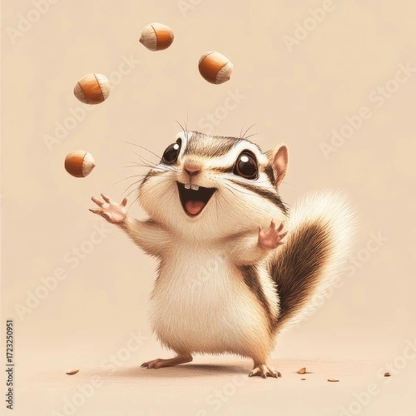 Fototapeta A cheerful chipmunk joyfully juggling acorns, showcasing a playful and fun character. This adorable image exudes happiness and whimsy, perfect for various creative projects.