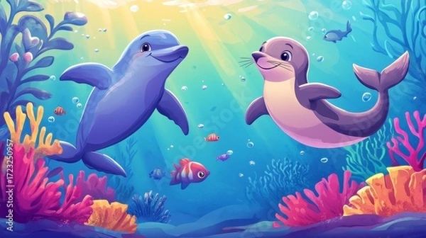 Fototapeta Two dolphins are playing in the ocean, with a fish swimming between them. The fish is swimming away from the dolphins, possibly trying to escape from them