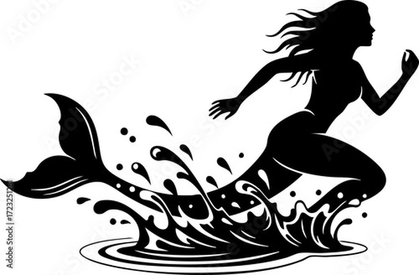 Obraz Dynamic mermaid silhouette running through splashing water, symbolizing freedom, adventure, and powerful aquatic movement