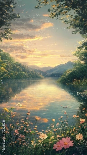 Fototapeta A stunning nature scene showing a tranquil lake at sunset, surrounded by lush trees and vibrant flowers, creating a perfect moment of peace and beauty.