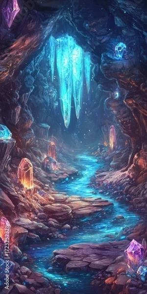 Fototapeta Explore a captivating cave featuring vibrant glowing crystals and a shimmering stream. The eerie glow creates a magical atmosphere, perfect for fantasy themes.