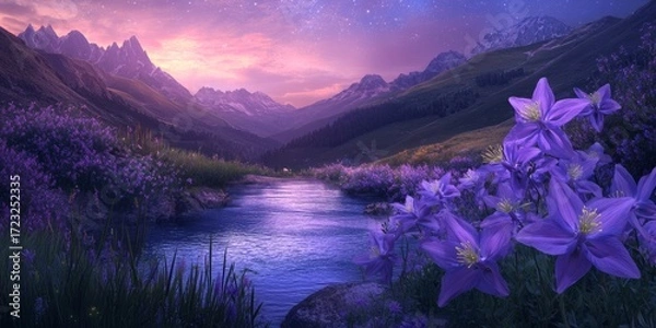 Fototapeta A breathtaking mountain landscape featuring vibrant purple flowers along a serene river. The sunset casts a magical glow over the tranquil scenery, inviting peace and reflection.
