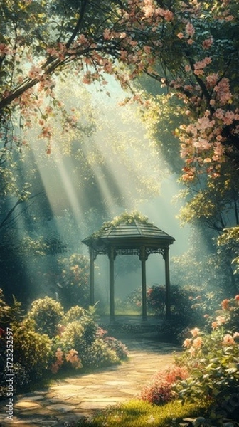 Fototapeta A garden with a gazebo and a path. The gazebo is surrounded by flowers and trees