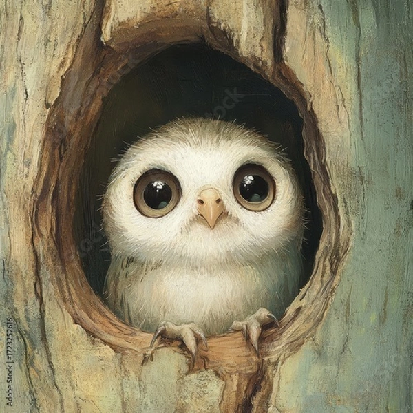 Fototapeta A charming owl chick peeks out curiously from a tree hollow, showcasing its large eyes and soft feathers. This image captures the beauty of wildlife in nature.