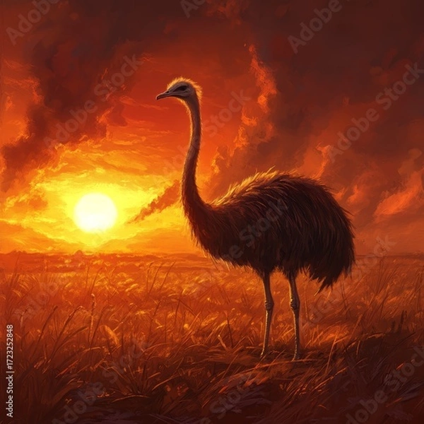 Fototapeta A stunning ostrich stands tall against a colorful sunset, creating a serene atmosphere. The warm hues of the sky blend beautifully with the majestic bird and landscape.