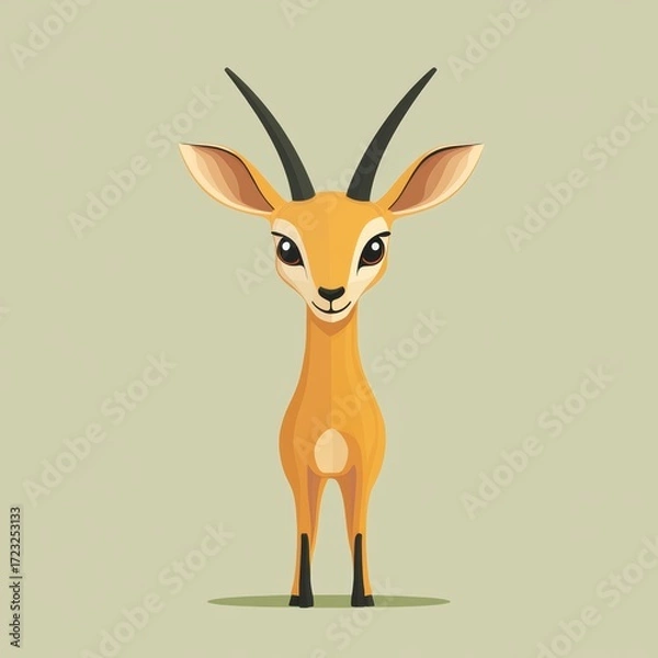 Fototapeta A cartoon giraffe with long horns stands in front of a green background. The giraffe has a happy expression on its face
