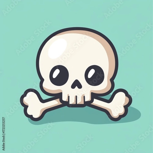 Fototapeta A cartoon skull with a bone in its hand is smiling and appears to be happy. The bone is positioned in the skull's right hand, and the skull's left hand is resting on the bone