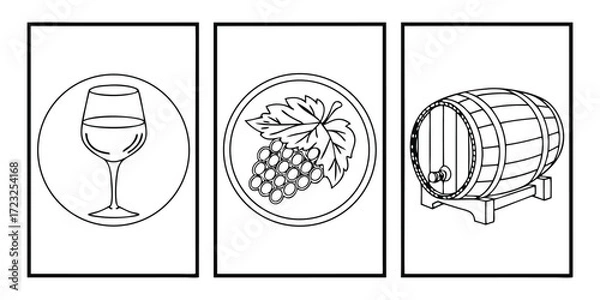 Fototapeta Wine glass, grapes, and barrel icons in a vertical layout