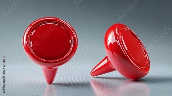 Fototapeta Two shiny red egg shaped objects with pointed bases on a neutral background