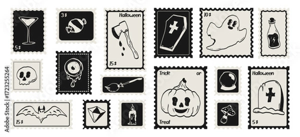 Fototapeta Vector illustration Halloween postage stamps. Sticker with print with image of Skull, pot, hat, pumpkin, ghost, mushroom, broom, spider web for poster, placard or print.