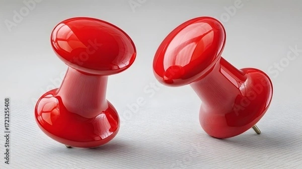 Fototapeta Two shiny red push pins on a light gray surface