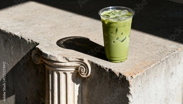 Fototapeta Iced matcha latte with ice in a clear plastic cup on a stone ledge with sunlight and shadow