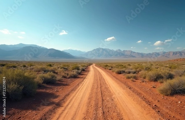 Fototapeta Dirt road winding to mountains. Reddish-brown road color contrasts blue sky. Distant mountains vary in altitude shape, rise left side. Roadside perspective offers panoramic rugged landscape view.