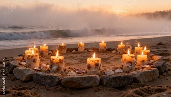 Fototapeta Candles arranged in a circle on a sandy beach at sunrise with gentle waves in the background