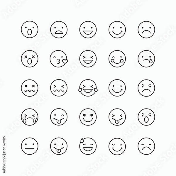 Fototapeta Outline smiley emoji. Funny emoticons faces with facial expressions. Detailed emoji line icons. Vector illustration.