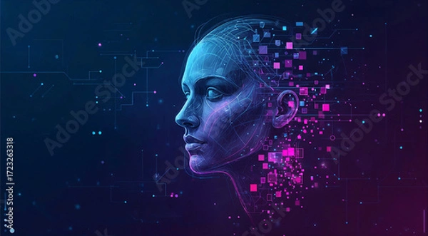 Fototapeta Human profile silhouette dissolving into colorful digital particles representing AI powered art creation and digital drawing technology innovation