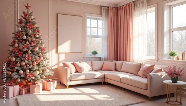 Fototapeta Pink living room with Christmas tree and sofa with blank picture frame on wall. Coquette core style. Mock up with empty space.