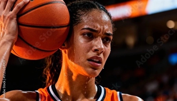 Fototapeta Closeup of a determined female basketball player sweating intensely while holding a ball during a game
