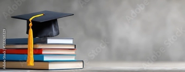 Fototapeta The graduation cap perched atop a stack of colorful books.