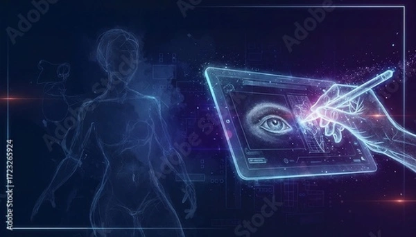 Fototapeta Digital visualization of AI creating art using a pen tablet and a humanoid hand. Drawing of an eye by a light hand with artificial intelligencie for digital artistic generation
