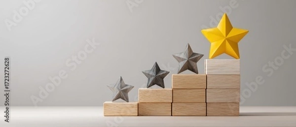 Fototapeta The golden star on wooden block staircase representing achievement and business growth