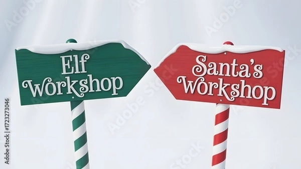 Fototapeta Festive christmas directional signs pointing towards santa s workshop and the elf workshop on striped poles