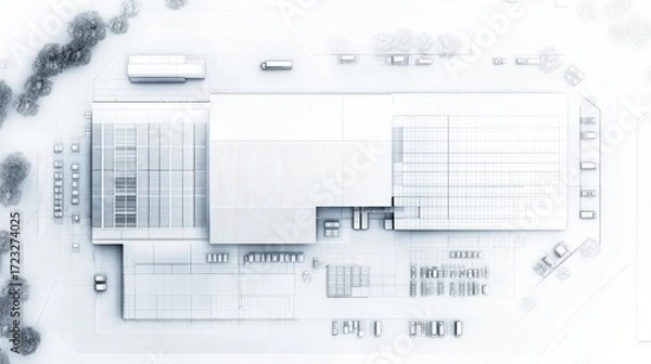 Fototapeta Warehouse plan – Floor plan of energy-efficient warehouse with solar panels, natural lighting, and smart climate systems. Blueprint style.