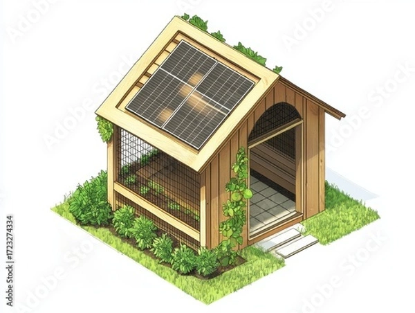 Fototapeta Chicken coop – Isometric drawing of a sustainable chicken coop with solar lighting for off-grid farming. White background.