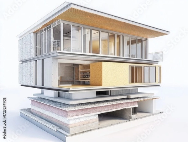 Fototapeta Insulation – Sectional view of building insulation system with air barriers and eco windows for energy efficiency. White background.