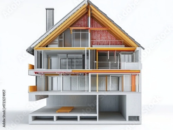 Fototapeta Insulation – Sectional view of building insulation system with air barriers and eco windows for energy efficiency. White background.