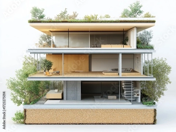 Fototapeta Insulation – Sectional view of building insulation system with air barriers and eco windows for energy efficiency. White background.