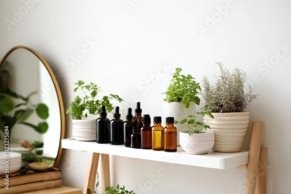 Fototapeta Essential Oil Bottles and Indoor Plants on Shelf with Mirror Background.