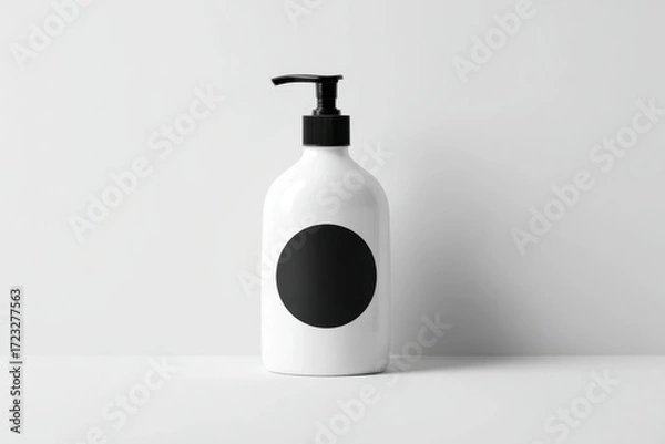 Fototapeta Minimalist White Pump Bottle with Black Label on Plain Background.