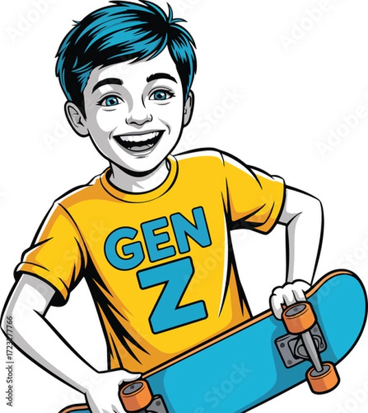 Obraz Joyful Cartoon Boy Holding Skateboard Labeled Gen Z For Skateboarding