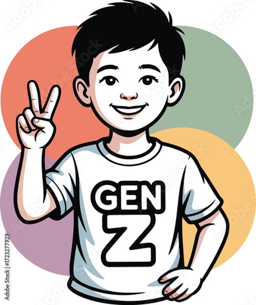 Obraz Smiling boy showing Peace sign with Gen Z t-shirt Vector Illustration