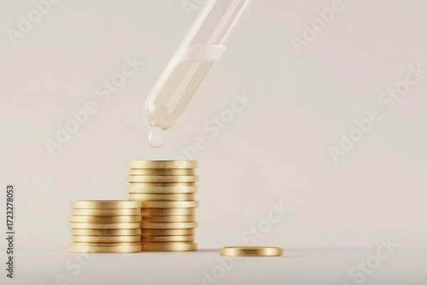 Fototapeta Gold Coins Stacked with Droplet from Pipette Symbolizing Financial Growth.