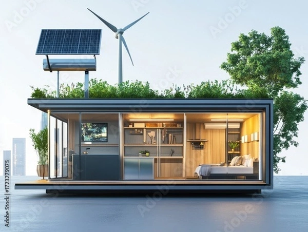 Fototapeta Off-grid house – Diagram of compact energy-independent house powered by solar panels and wind turbine. White background.