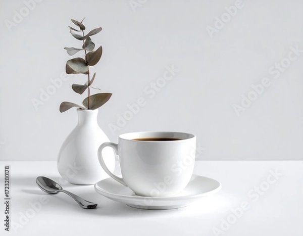 Fototapeta Simple white coffee scene with eucalyptus