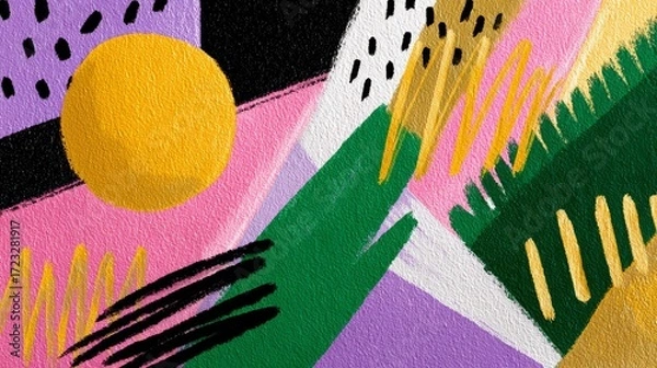 Fototapeta Vibrant abstract art, colorful painting with central yellow circle and dynamic brushstrokes.